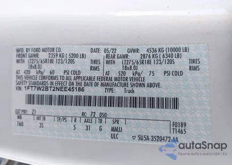 2022 Ford F-250 Xlt из США, поврежденный, VIN 1FT7W2BT2NEE45186